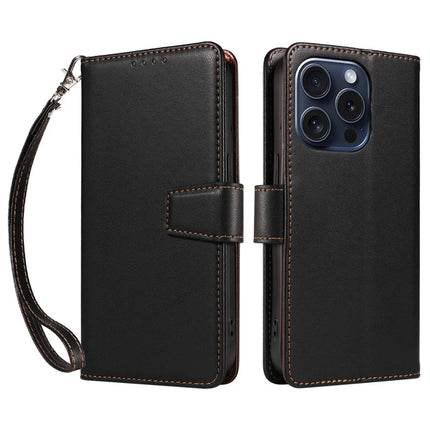 For iPhone 16 Pro Max Case RFID Blocking PU Leather Wallet Flip Phone Cover with Wrist Strap - Black
