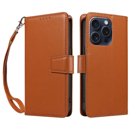 For iPhone 16 Pro Max Case RFID Blocking PU Leather Wallet Flip Phone Cover with Wrist Strap - Light Brown