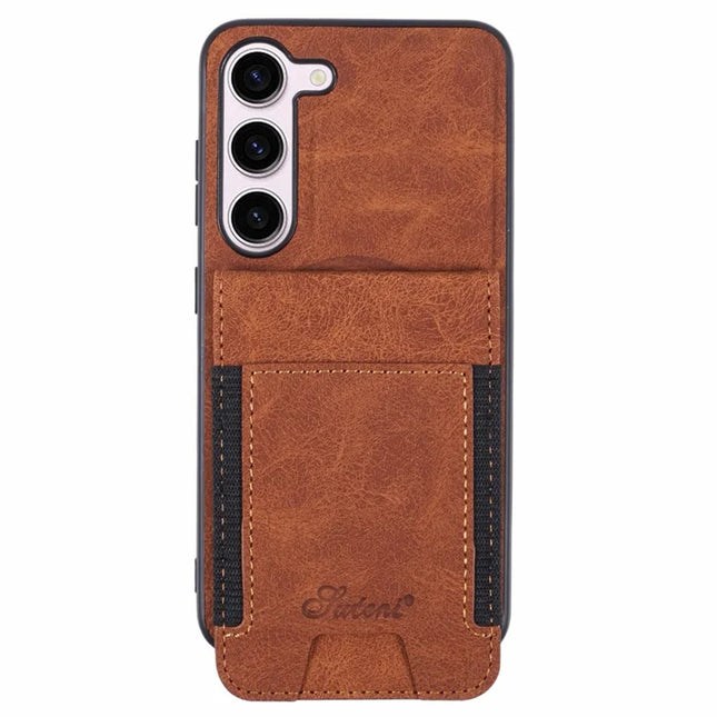 SUTENI H17 For Samsung Galaxy S23+ Magnetic Case Card Slots Leather+TPU Kickstand Phone Cover - Khaki
