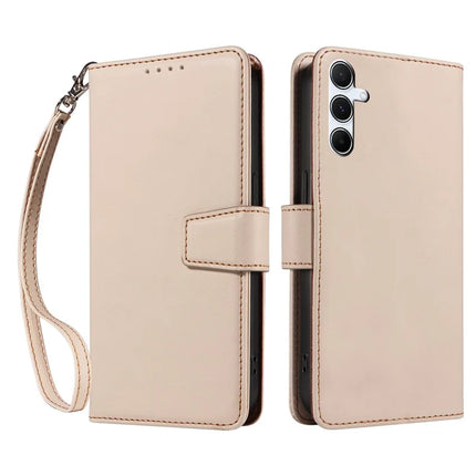 For Samsung Galaxy A54 5G Case RFID Blocking PU Leather Wallet Flip Phone Cover with Wrist Strap - Apricot