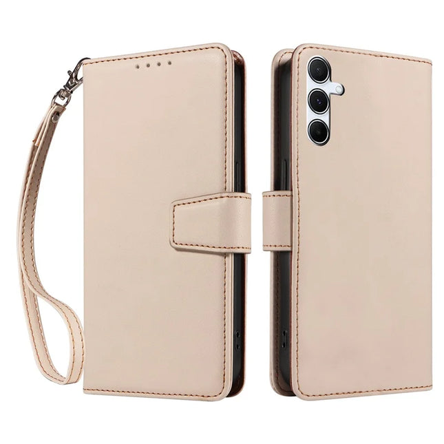 For Samsung Galaxy A54 5G Case RFID Blocking PU Leather Wallet Flip Phone Cover with Wrist Strap - Apricot