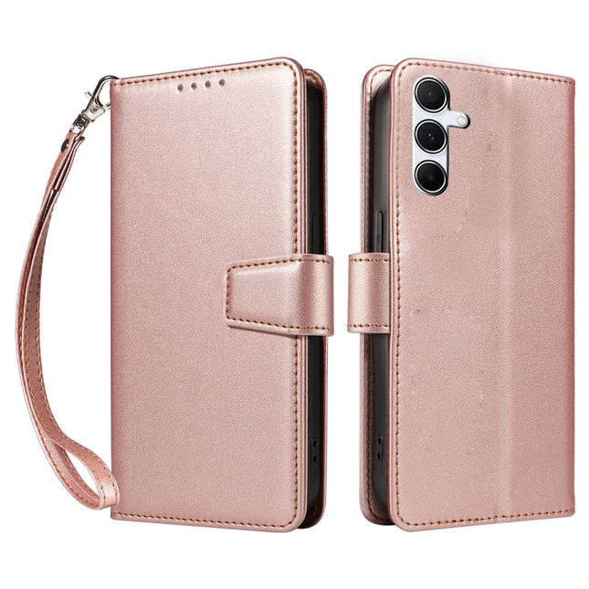 For Samsung Galaxy A55 5G Case RFID Blocking PU Leather Wallet Flip Phone Cover with Wrist Strap - Rose Gold