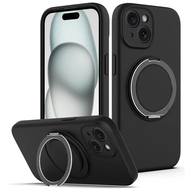 For iPhone 14 Case Compatible with MagSafe Rotating Metal Kickstand PC + Silicone Phone Cover - Black
