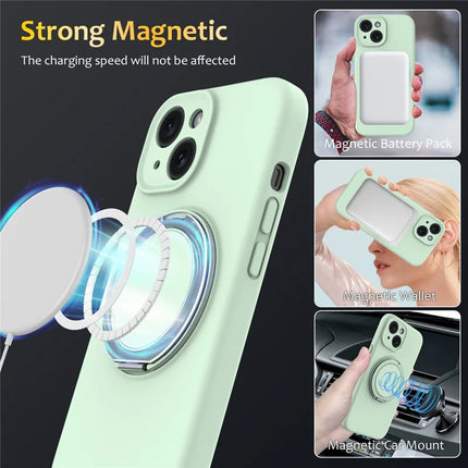 For iPhone 14 Case Compatible with MagSafe Rotating Metal Kickstand PC + Silicone Phone Cover
