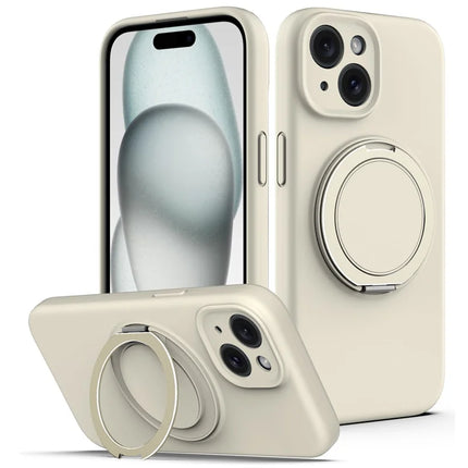 For iPhone 14 Case Compatible with MagSafe Rotating Metal Kickstand PC + Silicone Phone Cover - Beige