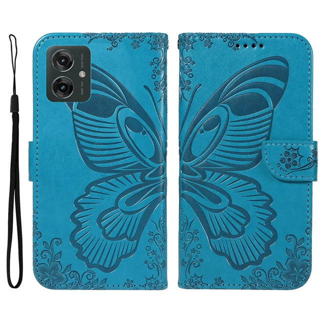 For Motorola Moto G55 5G Case Butterfly Pattern Leather Wallet Flip Phone Cover - Blue
