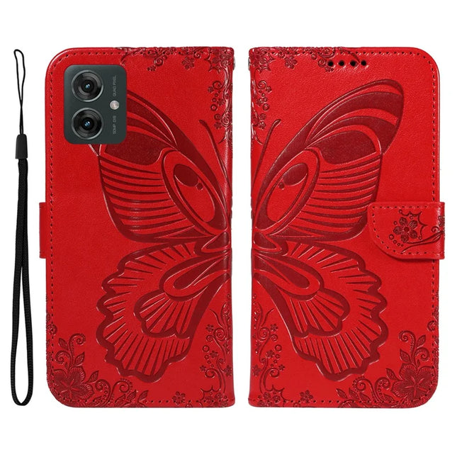 For Motorola Moto G55 5G Case Butterfly Pattern Leather Wallet Flip Phone Cover - Red