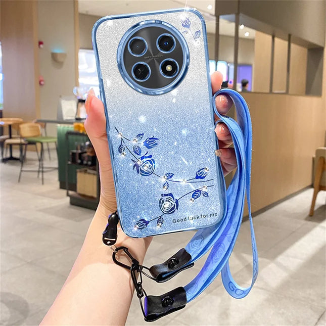 KADEM For Honor X60 Pro 5G Case Flower Pattern TPU Gradient Phone Cover with Lanyards - Blue