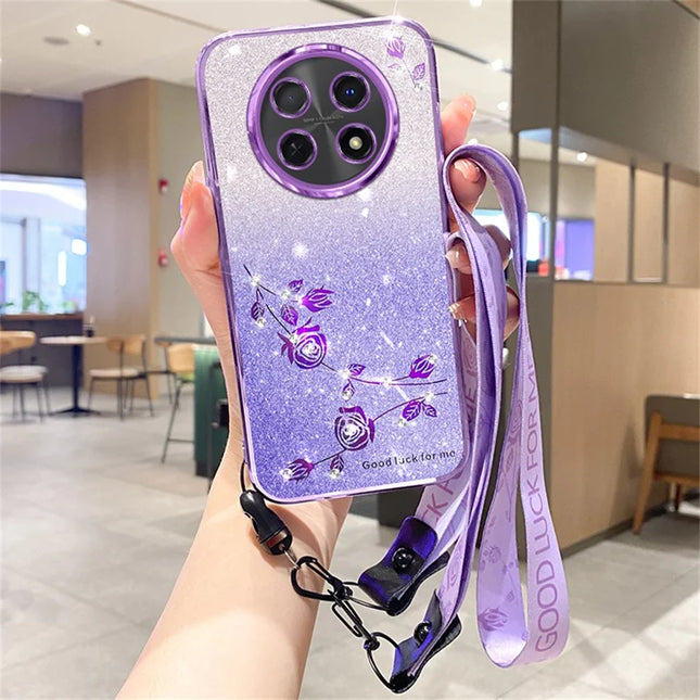 KADEM For Honor X60 Pro 5G Case Flower Pattern TPU Gradient Phone Cover with Lanyards - Purple