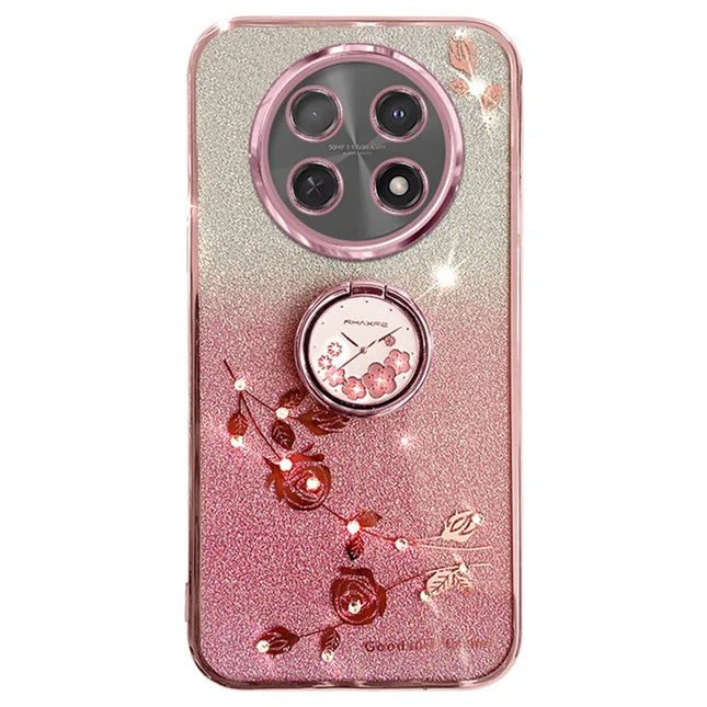 KADEM For Honor X60 Pro 5G Case Ring Kickstand TPU Flowers Phone Cover Gradient Glitter - Rose Gold