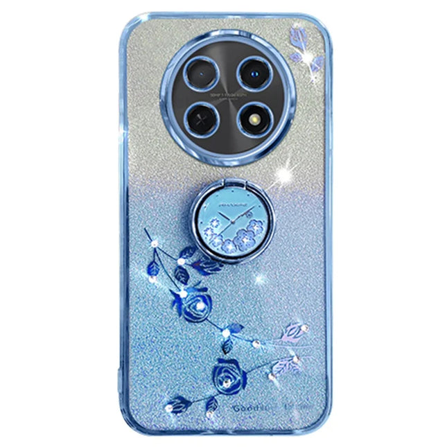 KADEM For Honor X60 Pro 5G Case Ring Kickstand TPU Flowers Phone Cover Gradient Glitter - Blue