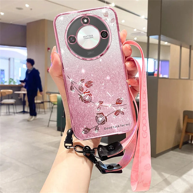 KADEM For Honor X60 5G Case Flower Pattern TPU Gradient Phone Cover with Lanyards - Rose Gold