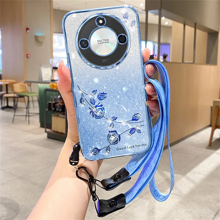 KADEM For Honor X60 5G Case Flower Pattern TPU Gradient Phone Cover with Lanyards - Blue
