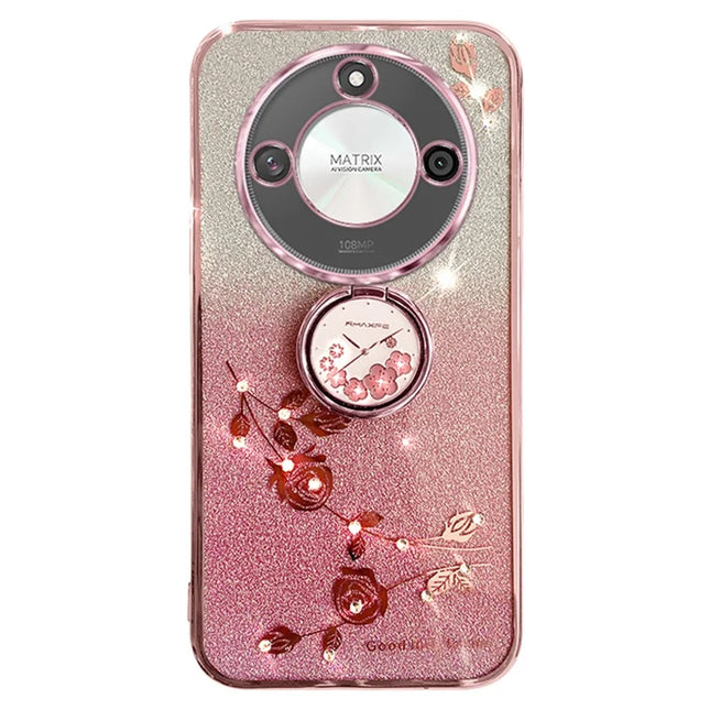 KADEM For Honor X60 5G Case Ring Kickstand TPU Flowers Phone Cover Gradient Glitter - Rose Gold