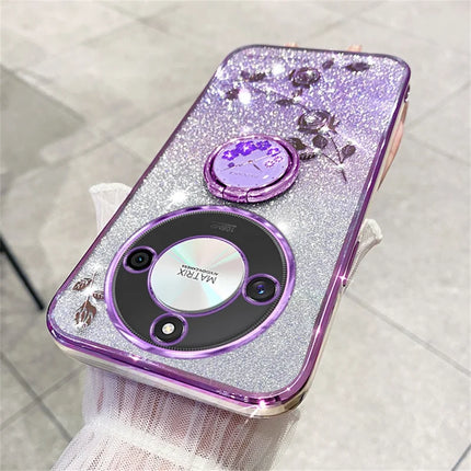 KADEM For Honor X60 5G Case Ring Kickstand TPU Flowers Phone Cover Gradient Glitter