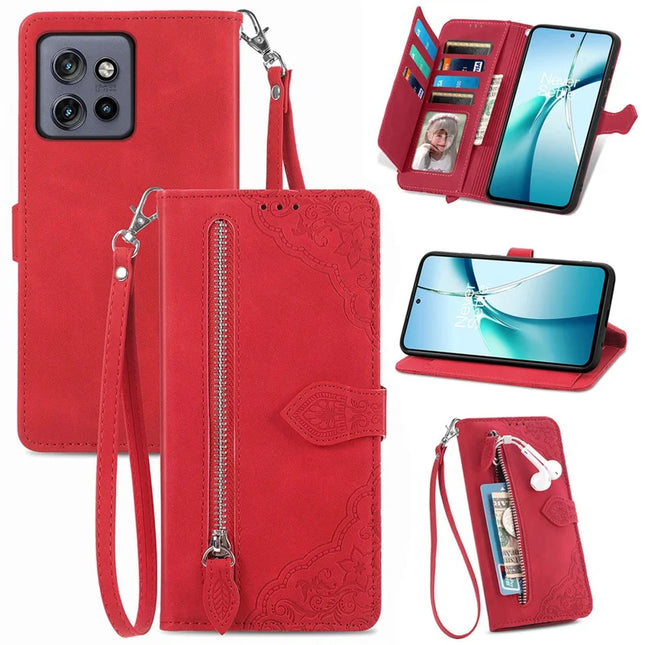 Case For Motorola Edge 50 Neo 5G / Moto S50 5G / Thinkphone 25 5G Zipper Wallet PU Leather Flower Imprint Phone Cover - Red