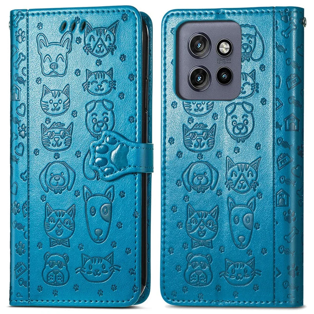 For Motorola Edge 50 Neo 5G / Moto S50 5G / Thinkphone 25 5G Case Leather Wallet Flip Phone Cover Cute Cat Dog Pattern - Blue