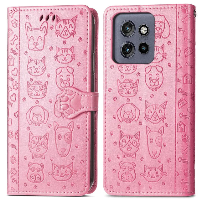 For Motorola Edge 50 Neo 5G / Moto S50 5G / Thinkphone 25 5G Case Leather Wallet Flip Phone Cover Cute Cat Dog Pattern - Pink