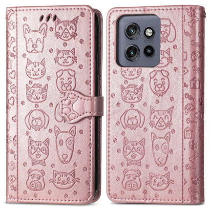 For Motorola Edge 50 Neo 5G / Moto S50 5G / Thinkphone 25 5G Case Leather Wallet Flip Phone Cover Cute Cat Dog Pattern - Rose Gold