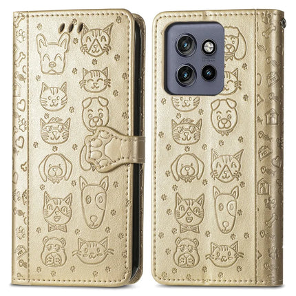 For Motorola Edge 50 Neo 5G / Moto S50 5G / Thinkphone 25 5G Case Leather Wallet Flip Phone Cover Cute Cat Dog Pattern - Gold
