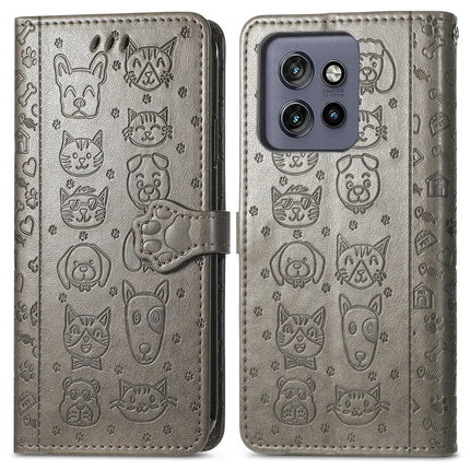 For Motorola Edge 50 Neo 5G / Moto S50 5G / Thinkphone 25 5G Case Leather Wallet Flip Phone Cover Cute Cat Dog Pattern - Grey