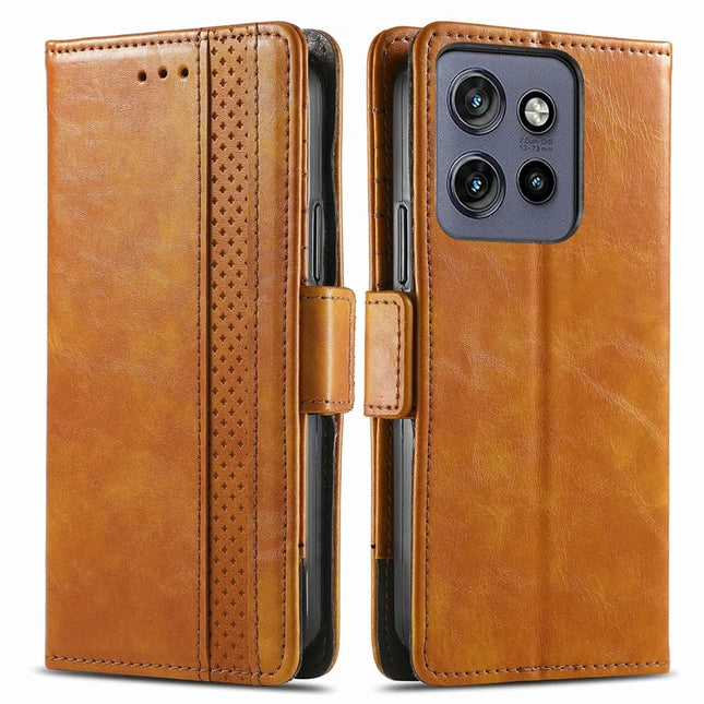CASENEO 002 Series For Motorola Edge 50 Neo 5G / Moto S50 5G / Thinkphone 25 5G Case Stand Wallet Splicing PU Leather Cover - Light Brown