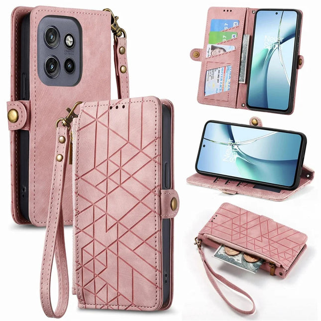For Motorola Edge 50 Neo 5G / Moto S50 5G / Thinkphone 25 5G Zipper Wallet Case Geometry Lines Leather Phone Cover with Strap - Pink