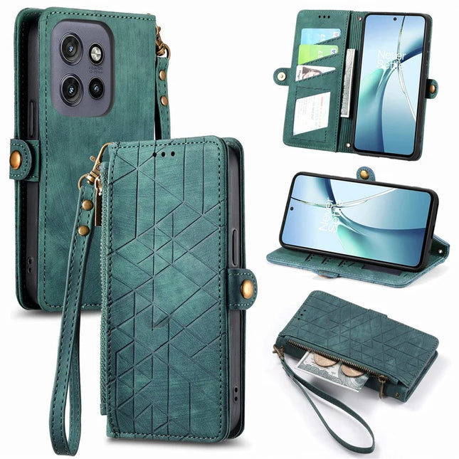 For Motorola Edge 50 Neo 5G / Moto S50 5G / Thinkphone 25 5G Zipper Wallet Case Geometry Lines Leather Phone Cover with Strap - Green