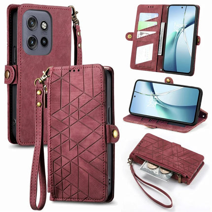 For Motorola Edge 50 Neo 5G / Moto S50 5G / Thinkphone 25 5G Zipper Wallet Case Geometry Lines Leather Phone Cover with Strap - Red