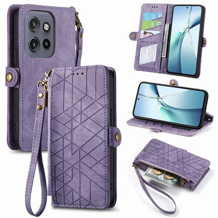 For Motorola Edge 50 Neo 5G / Moto S50 5G / Thinkphone 25 5G Zipper Wallet Case Geometry Lines Leather Phone Cover with Strap - Light Purple