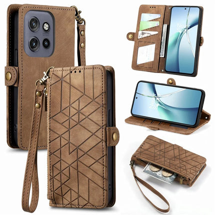 For Motorola Edge 50 Neo 5G / Moto S50 5G / Thinkphone 25 5G Zipper Wallet Case Geometry Lines Leather Phone Cover with Strap - Brown