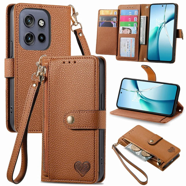 For Motorola Edge 50 Neo 5G / Moto S50 5G / Thinkphone 25 5G Case RFID Blocking Zipper Pocket Leather Wallet Phone Cover - Brown