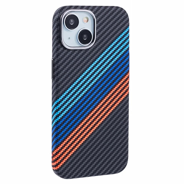 For iPhone 14 Case Compatible with MagSafe Carbon Fiber Texture Water-Transfer PC Phone Cover - Baby Blue+Dark Blue+Red