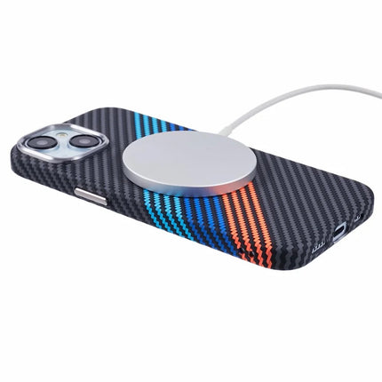 For iPhone 14 Case Compatible with MagSafe Carbon Fiber Texture Water-Transfer PC Phone Cover