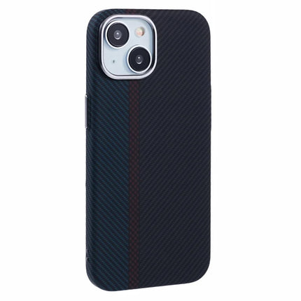 For iPhone 13 Case Compatible with MagSafe Carbon Fiber Texture Water-Transfer PC Phone Cover - Blue+Red+Black