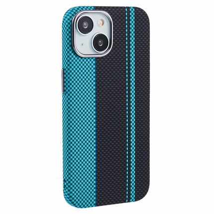 For iPhone 13 Case Compatible with MagSafe Carbon Fiber Texture Water-Transfer PC Phone Cover - Blue+Black Stripes