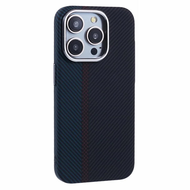 For iPhone 13 Pro Max Case Compatible with MagSafe Carbon Fiber Texture Water-Transfer PC Phone Cover -  Blue+Red+Black