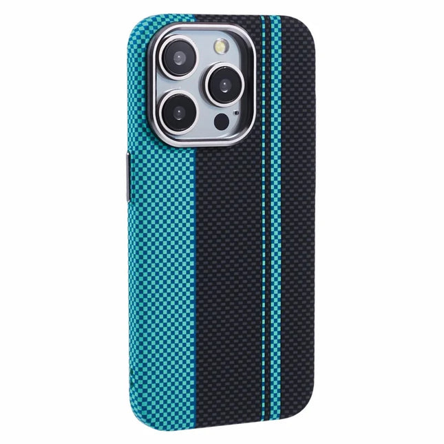 For iPhone 12 Pro Max Case Compatible with MagSafe Carbon Fiber Texture Water-Transfer PC Phone Cover - Blue+Black Stripes