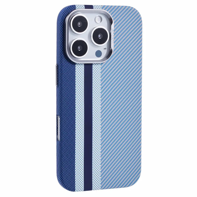 For iPhone 16 Pro Max Case Compatible with MagSafe Carbon Fiber Texture Water-Transfer PC Phone Cover - Blue Vertical Stripes