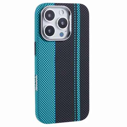 For iPhone 16 Pro Max Case Compatible with MagSafe Carbon Fiber Texture Water-Transfer PC Phone Cover - Blue+Black Stripes