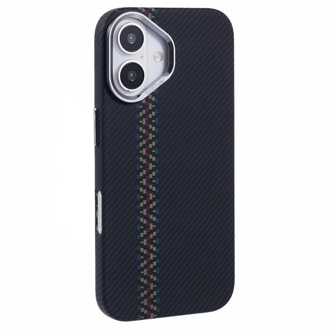 For iPhone 16 Plus Case Compatible with MagSafe Carbon Fiber Texture Water-Transfer PC Phone Cover - Colorful+Black Stripes