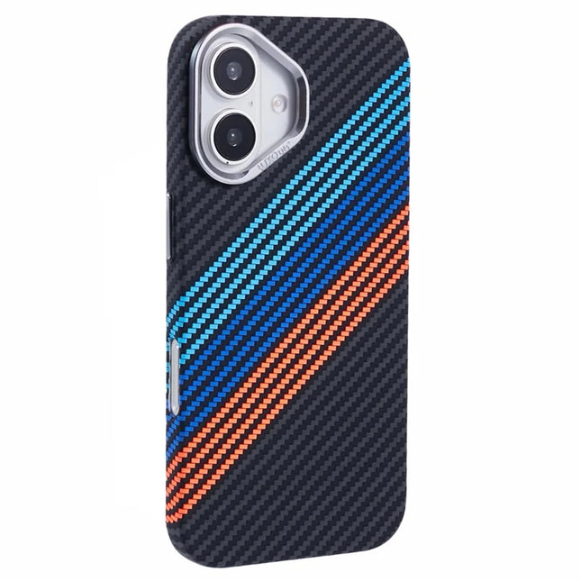 For iPhone 16 Plus Case Compatible with MagSafe Carbon Fiber Texture Water-Transfer PC Phone Cover - Baby Blue+Dark Blue+Red