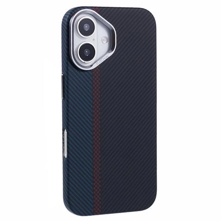 For iPhone 16 Plus Case Compatible with MagSafe Carbon Fiber Texture Water-Transfer PC Phone Cover - Blue+Red+Black