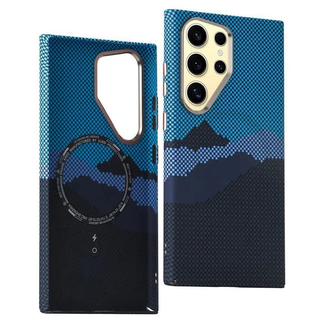 For Samsung Galaxy S23 Ultra Case Compatible with MagSafe Carbon Fiber Texture Water-Transfer PC Phone Cover - Blue Peak