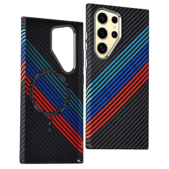 For Samsung Galaxy S23 Ultra Case Compatible with MagSafe Carbon Fiber Texture Water-Transfer PC Phone Cover - Baby Blue+Dark Blue+Red