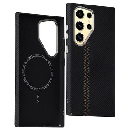 For Samsung Galaxy S23 Ultra Case Compatible with MagSafe Carbon Fiber Texture Water-Transfer PC Phone Cover - Colorful+Black Stripes