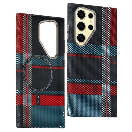 For Samsung Galaxy S23 Ultra Case Compatible with MagSafe Carbon Fiber Texture Water-Transfer PC Phone Cover - Red+Blue Checkered Pattern