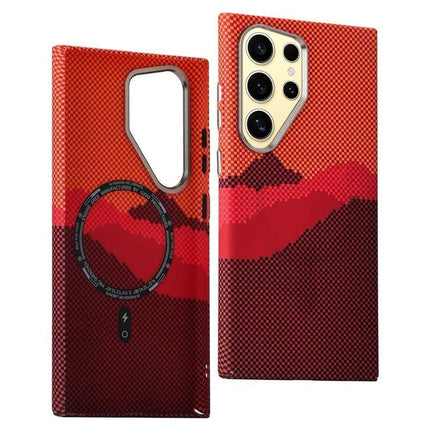 For Samsung Galaxy S23 Ultra Case Compatible with MagSafe Carbon Fiber Texture Water-Transfer PC Phone Cover - Orange Peak