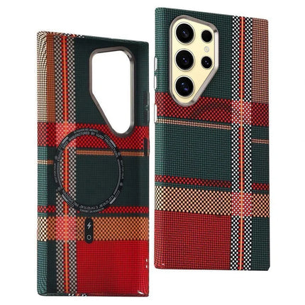 For Samsung Galaxy S23 Ultra Case Compatible with MagSafe Carbon Fiber Texture Water-Transfer PC Phone Cover - Red+Green Checkered Pattern