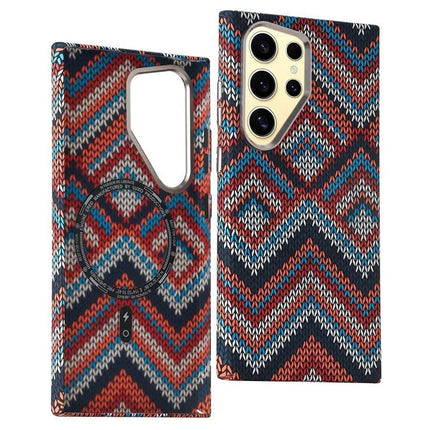 For Samsung Galaxy S23 Ultra Case Compatible with MagSafe Carbon Fiber Texture Water-Transfer PC Phone Cover - Brown+Blue+Yellow Retro Pattern